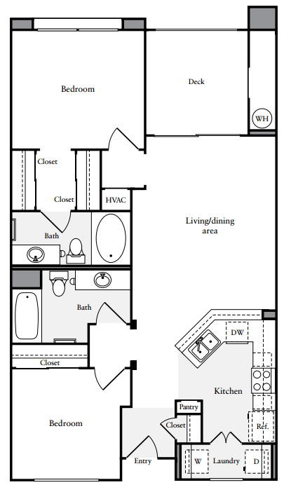 Two bedrooms two bathrooms apartment floorplan